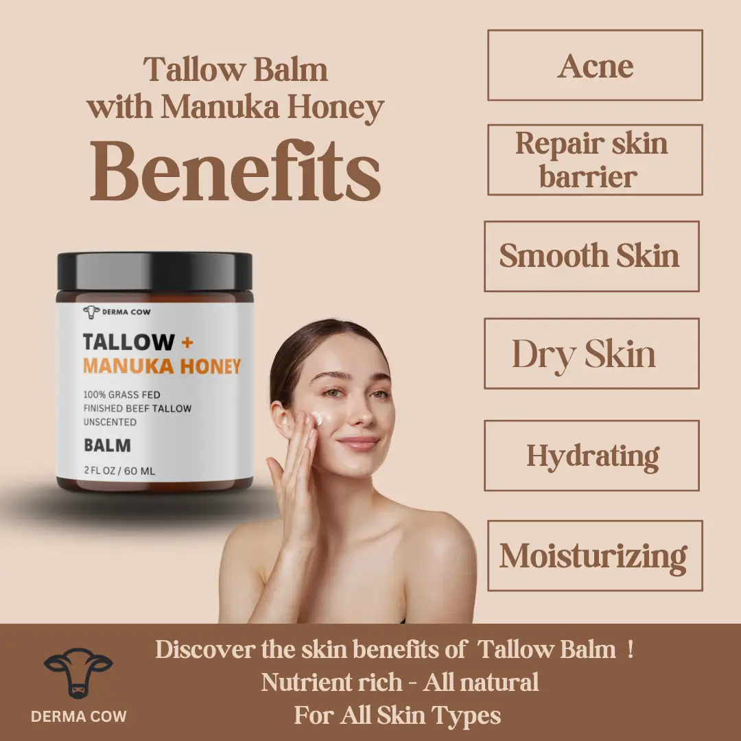 Tallow Balm + Manuka Honey, 100% Grass Fed Beef, 2oz Balm