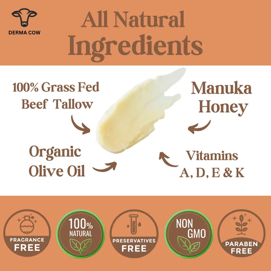 Tallow Balm + Manuka Honey, 100% Grass Fed Beef, 2oz Balm